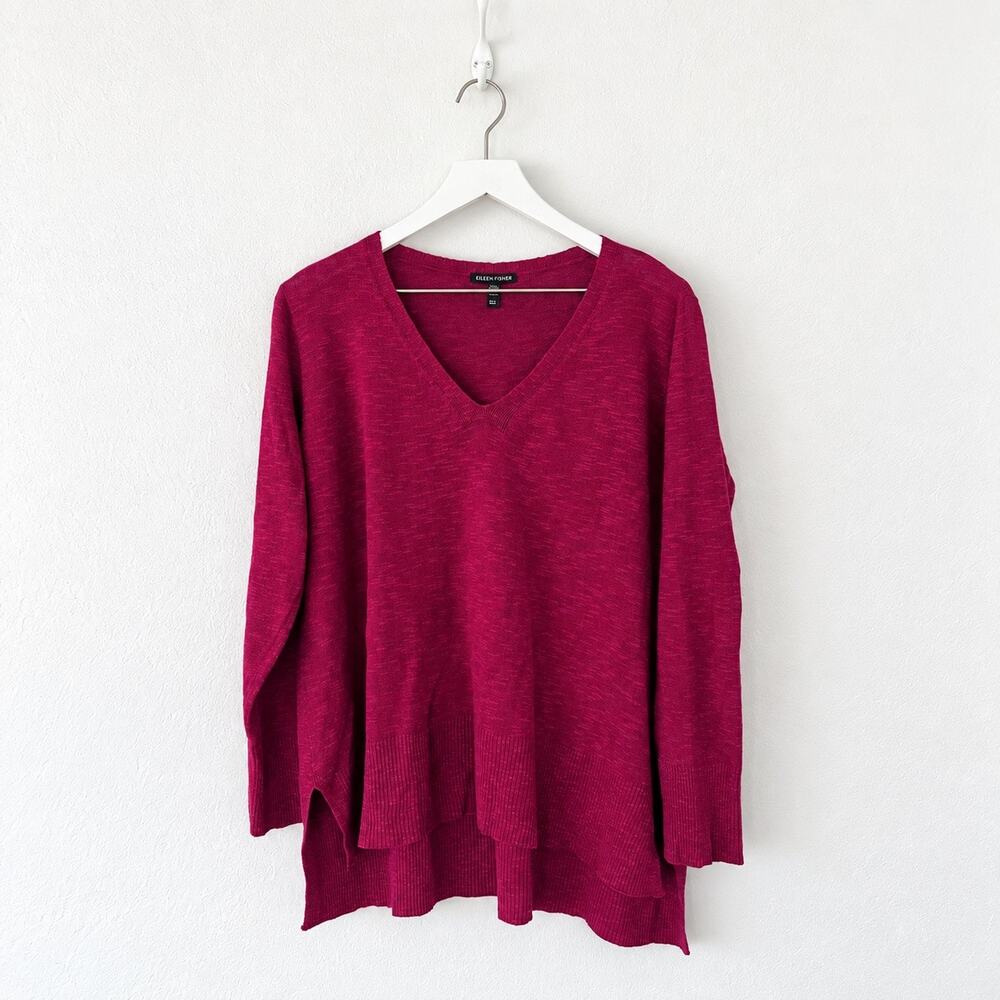 Eileen Fisher Berry Magenta V-Neck Tunic Sweater S High Low Lagenlook Minimalist